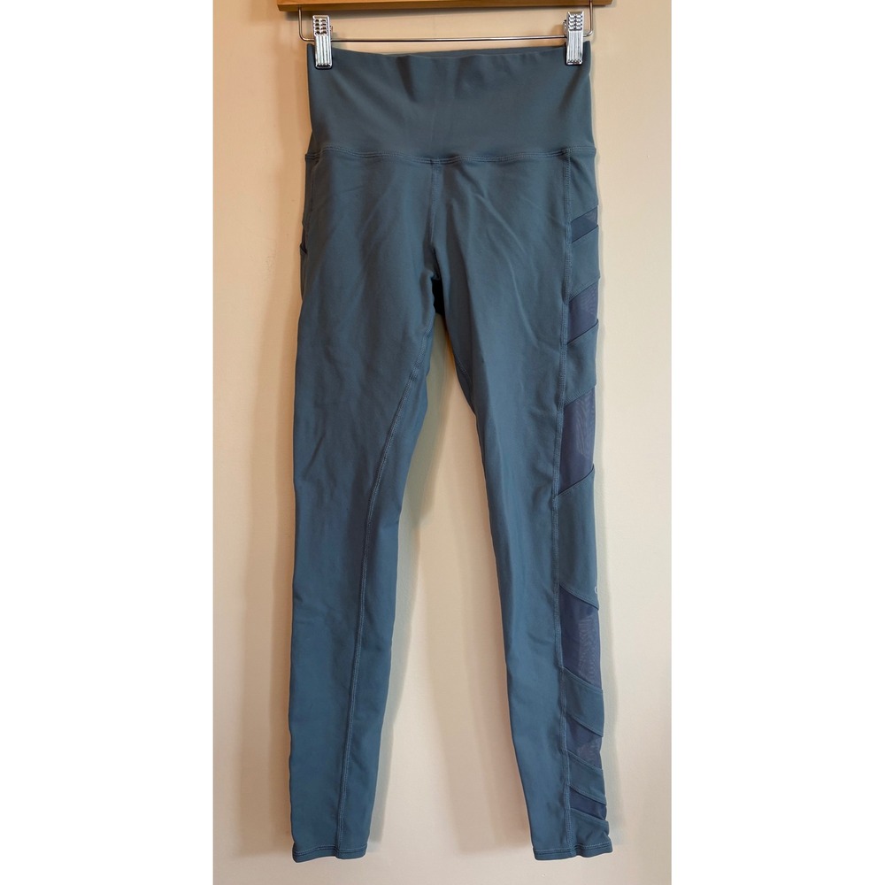 Alo Yoga Block High-Waist Leggings‎ Steel Blue Mesh Panel Activewear Womens XS